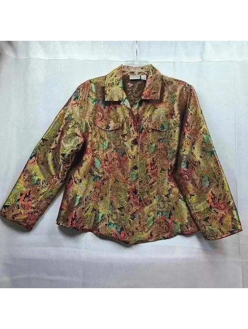 Chico's Vintage Paisely Pattern Colorful Metallic Button Down Shirt Women's 9